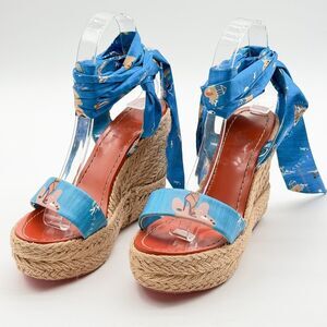 Christian Louboutin Monica Du Desert 110 Satin Wedge Espadrille Sandals EU37 US7